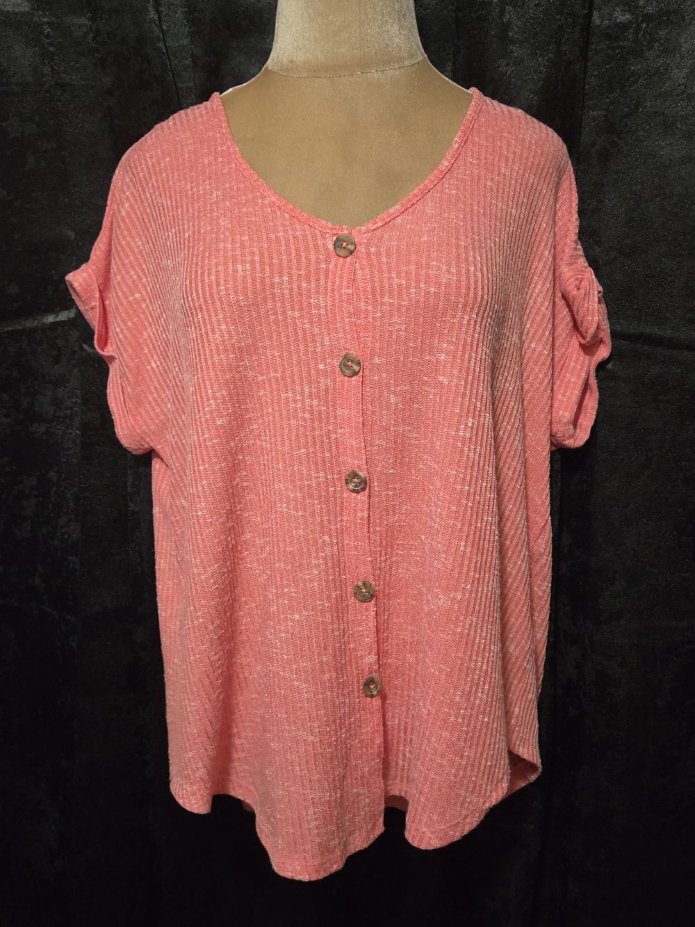 Bobbie Brooks 1X Women’s Coral Button-Front Short Sleeve Top